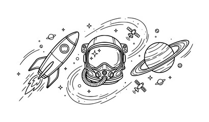 Floating space exploration line art vector illustration rocket astronaut helmet and Saturn planet cosmic scene modern minimalist design on white background © Md Humaun