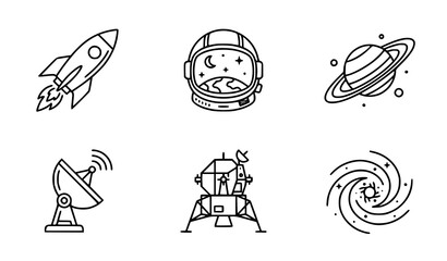 Minimal space line art vector icon set rocket astronaut helmet Saturn planet cosmic exploration illustration isolated on white background © Md Humaun