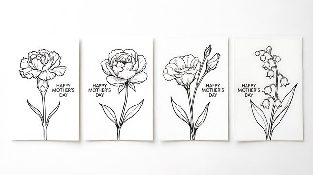 Collection of four greeting cards featuring delicate line art floral illustrations for Mothers Day celebrations