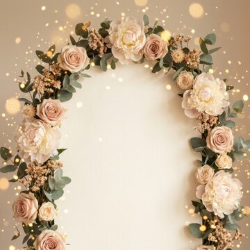 Lush floral arch made of roses and peonies on soft beige background with bokeh.