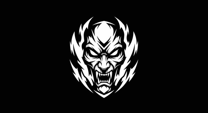 Fierce demon face emblem, dark fantasy creature, evil spirit, monster illustration