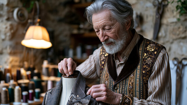 Elderly seamstress in cluttered atelier pins a deconstructed jacket on a dress form, warm lamplight catching thread spools and worn shears, decades of craft visible in every detail, perfect for fash