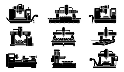 Black CNC Machine Silhouette Collection with Industrial Manufacturing Equipment Vector Art © Sabbir