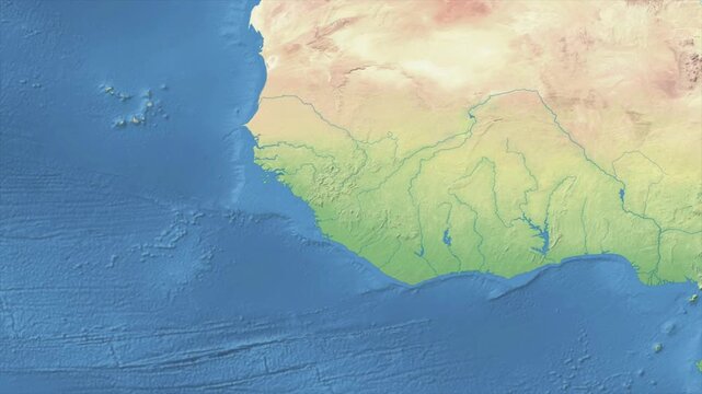 Cinematic Zoom from World Map to GUINEA Terrain Map, Earth Navigation Animation