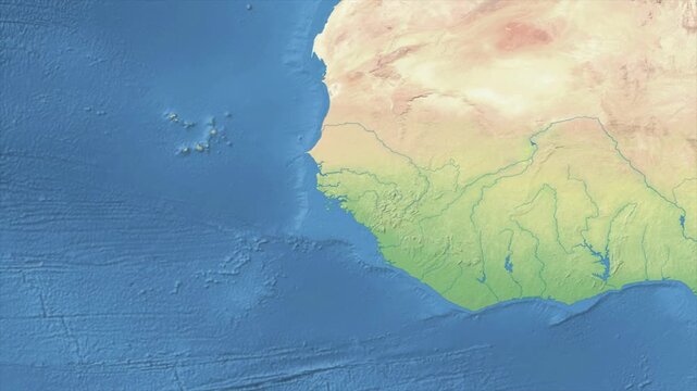 Cinematic Zoom from World Map to Guinea-Bissau Terrain Map, Earth Navigation Animation