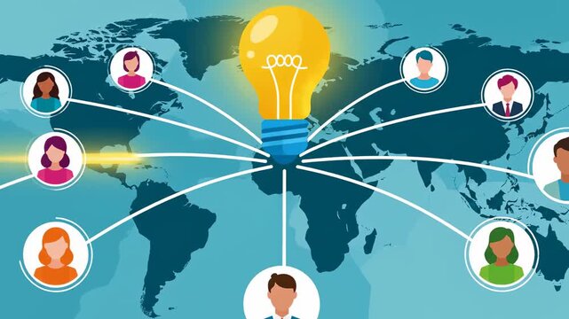 Glowing light bulb over a dark blue world map on a light blue background, representing global innovation and creative ideas.