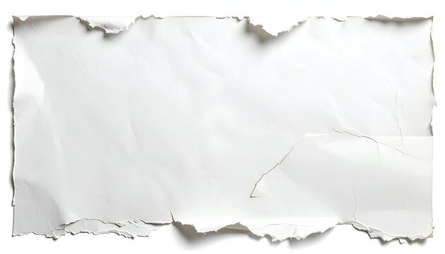 Torn rectangular piece of white paper, showing texture, creases, and ragged edges