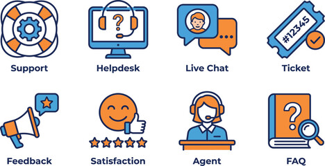 Fototapeta premium Customer service and support icons with live chat bubble magnifying glass smiley face flat design helpdesk feedback satisfaction communication assistance questions solutions computer