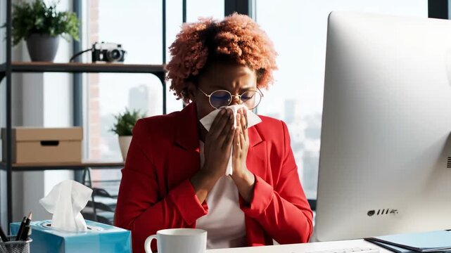 Focused Black Businesswoman in Red Blazer Working on Computer in Bright Modern Office.