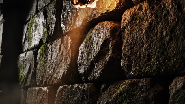 Close up of a rough stone wall illuminated by a torch in the dark