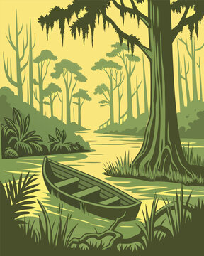 Vector illustration of a wooden boat floating on a river in a swamp bayou forest with cypress trees