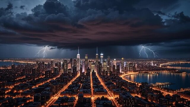 Dramatic Thunderstorm Over Cityscape at Night with Lightning Strikes
