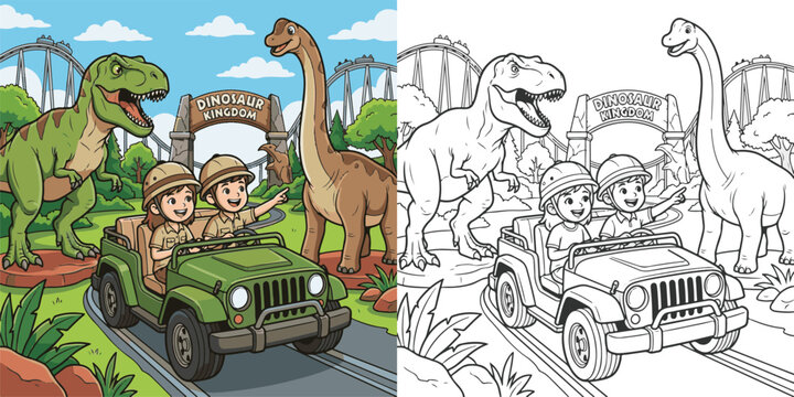 children visiting amusement park ferris wheel enjoying riding dinosaur cartoon clipart and lineart print vector illustration for color coloring book