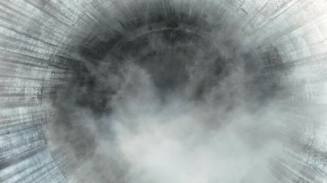 Steam billows from the interior of a thermal power plant cooling tower, showcasing the continuous flow of vapor rising through the cylindrical structure in a dynamic visual sequence