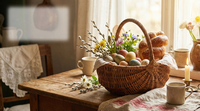 Wicker basket filled with colorful Easter eggs and fresh flowers on a rustic wooden table, with a cozy kitchen setting and soft natural light streaming through the window. Spring and Easter concept