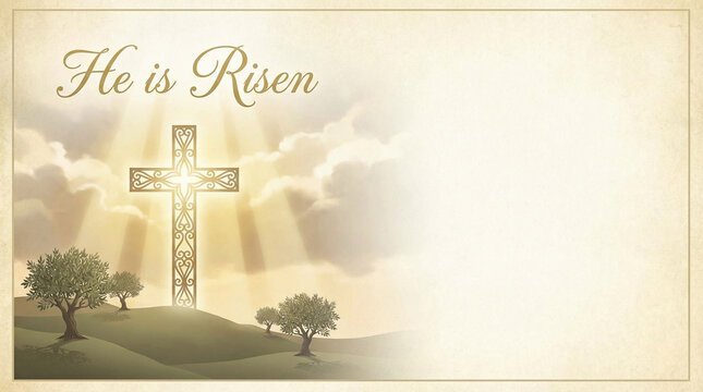 Illustration of a decorative cross with rays of light shining behind it, surrounded by hills and trees, featuring the text "He is Risen" in an elegant font on a soft background. Easter concept