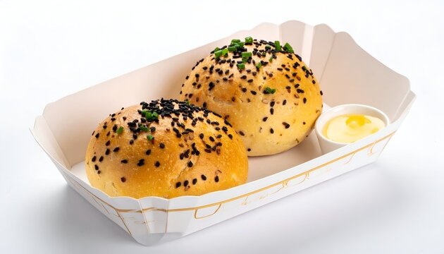 Two golden buns with black seeds and chives, served with a sauce in a paper tray