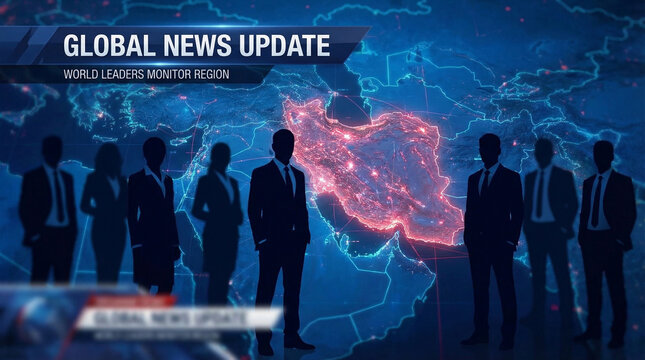 Silhouettes of male diplomats in suits against a digital map background highlighting the Middle East for global news update. Concept of geopolitical rivalry, resource control, Middle East conflict