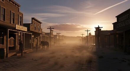 Fototapeta premium A dusty main street in a desolate western frontier town at sunset with wooden buildings and a lone horse standing in the warm golden light