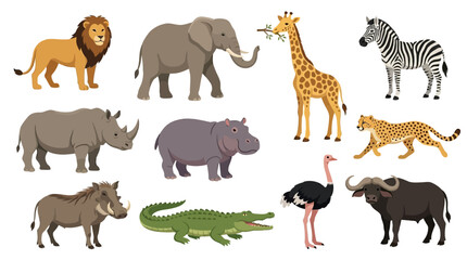 Fototapeta premium Collection of diverse African safari animals in a cartoon style.
