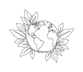 Fototapeta premium Earth globe surrounded by stylized leaves in a simple line planet nature