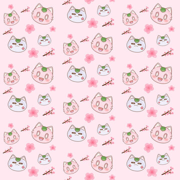 Cute kawaii cat spring seamless pattern with cherry blossom