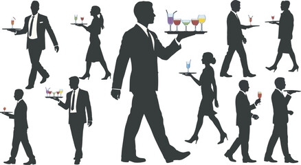 Waiters and bartenders carrying trays of drinks in elegant restaurant or bar setting isolated vector scene for hotel service, catering, nightlife venues and professional food service design. © Dalim 6