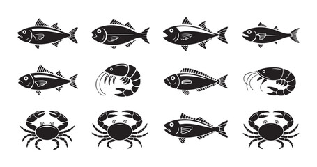 Fish and seafood icons set with various types of fish crabs and shrimps for healthy eating vector. © Sen