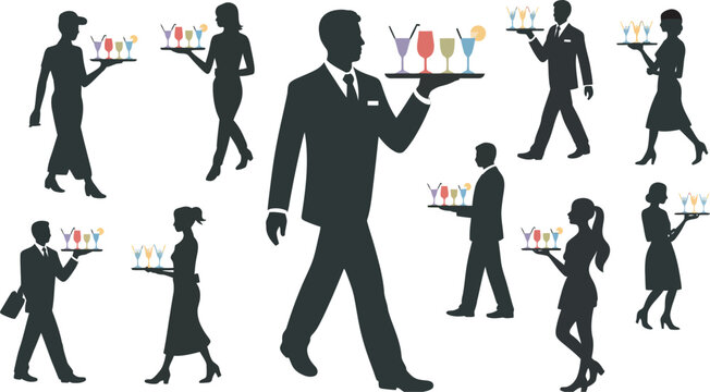 Waiters and bartenders carrying trays of drinks in elegant restaurant or bar setting vector illustration for hospitality service, beverage presentation and fine dining branding concepts.
