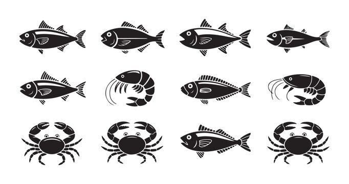Fish and seafood icons set with various types of fish crabs and shrimps for healthy eating vector.