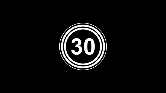 Minimalist 35 second countdown white color circle on black background, abstract technology loop