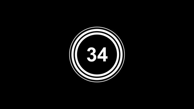 Minimalist 38 second countdown white color circle on black background, abstract technology loop