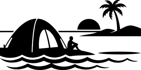 Person sitting inside tent on beach looking at ocean sunset vector illustration silhouette design © PIXAVIVE