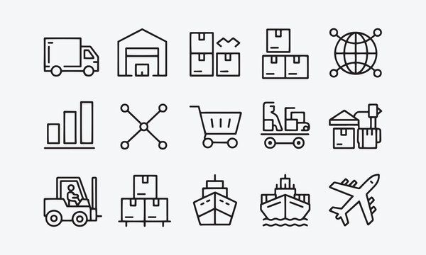 Supply Chain web icons in line style. Logistic, delivery, business, industry, management, commerce, analysis, procurement ,collection