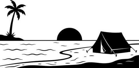 Simple vector graphic of a camping tent on a serene beach with a single palm tree at sunset © PIXAVIVE