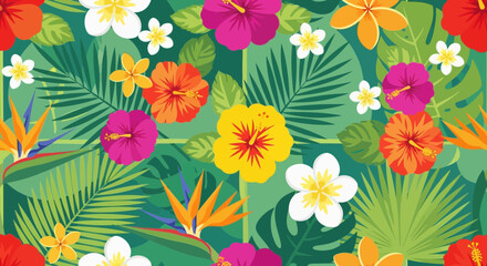 Vibrant Tropical Floral Pattern: Exotic Flowers and Leaves Seamless Background © Sumber