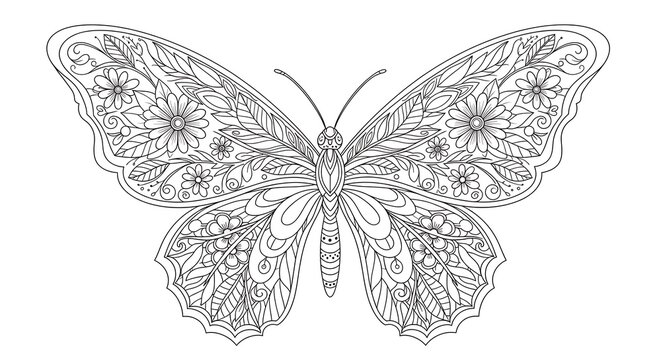 A beautiful butterfly with floral patterns on its wings is shown in a drawing