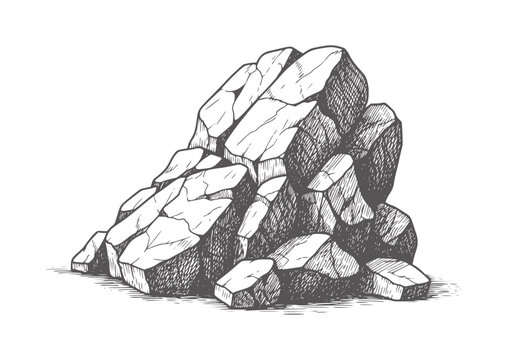 Hand drawn of a pile of rough grey rocks with sharp edges stone