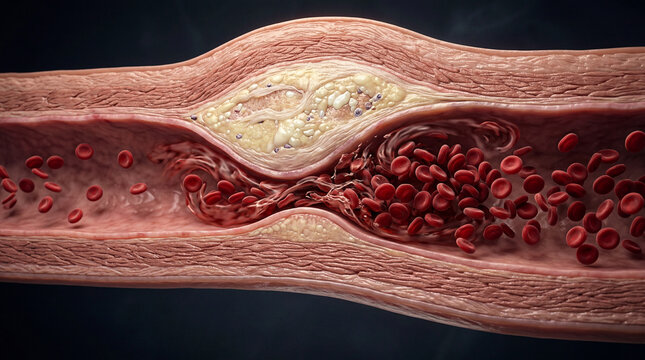 Delicate artery wall grappling with a substantial plaque buildup, constricting the internal pathway