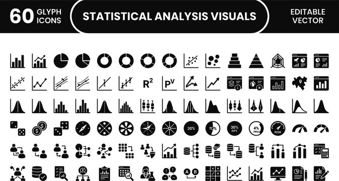 Statistical Analysis Visuals Glyph Icons Set for Data Analytics, Probability Charts, Research Metrics, and Dashboard Interface Design