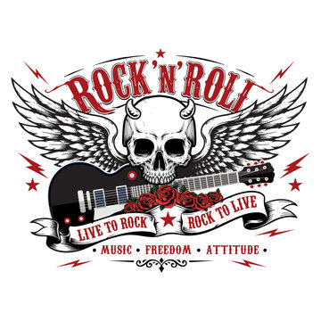 Rock in roll banner guitar skul roses wings vector illustration.