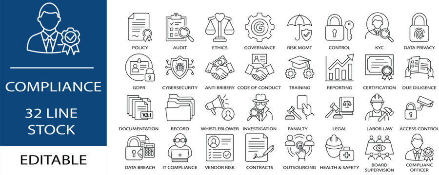 compliance and regulatory line icons set. Editable stroke.