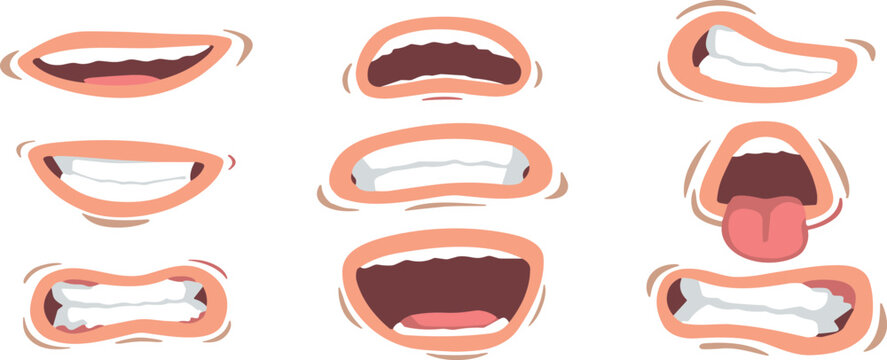 Cartoon Mouth Expressions Vector Set with Character Lips Teeth and Tongue Showing Happiness Anger Surprise Shock and Smirk Asset Animations