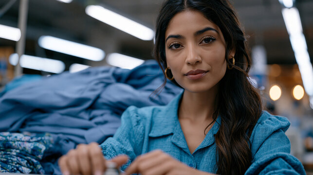 Garment worker in empty factory floor late evening under fluorescent tubes, hands moving over a sewing machine, stacks of unbranded fast fashion pieces piling behind her, expression quietly exhauste