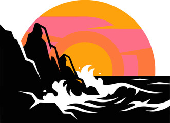 Obraz premium Dramatic rocky cliffside with crashing ocean waves against colorful sunset sky in modern artistic vector style