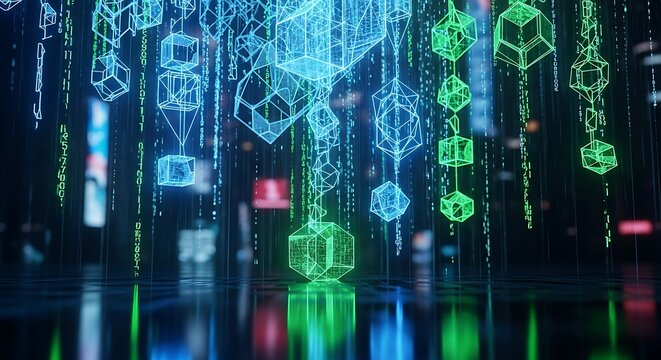 Abstract digital rain effect with glowing geometric shapes and neon lights on a reflective surface, representing technology and data flow
