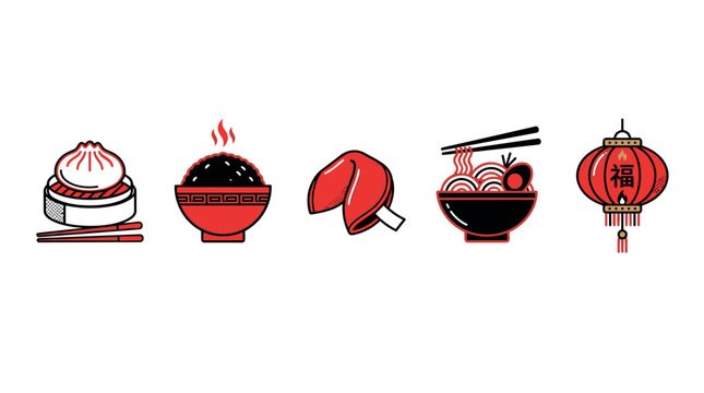 Asian food and culture icons featuring delicious dumplings, steaming rice, lucky fortune cookies, savory ramen, and a traditional red lantern.