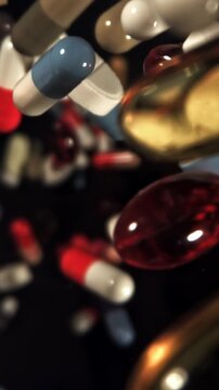 Dense mix of capsules and tablets swirl against black, polypharmacy Filmed on a high-speed camera at 1000 fps.