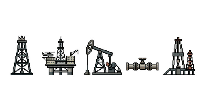 Oil and gas industry pixel art icons representing various extraction and transportation infrastructure elements in a retro game style.