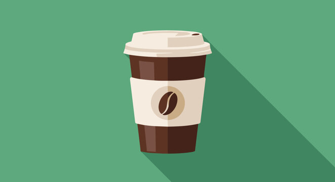 Modern brown coffee to go cup with a white lid and a coffee bean logo shown with a long shadow on a green background.